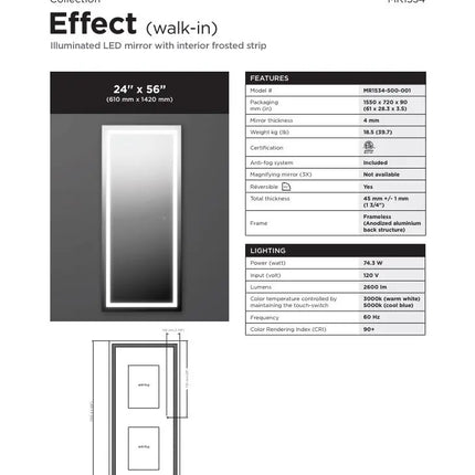 Kalia EFFECT Full Frame 24 Inch LED Mirror With Frosted Strip Inside - Plumbing Market