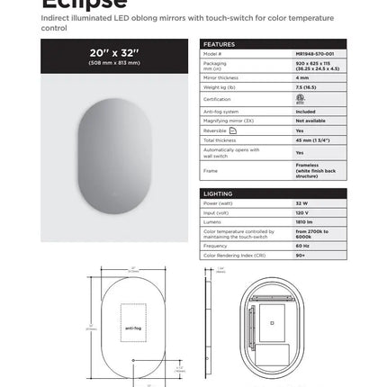 Kalia Eclipse 20 x 32 Inch LED Backlit Bathroom Mirror - Plumbing Market