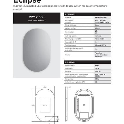 Kalia Eclipse 22 x 38 Inch Backlit LED Bathroom Mirror - Plumbing Market