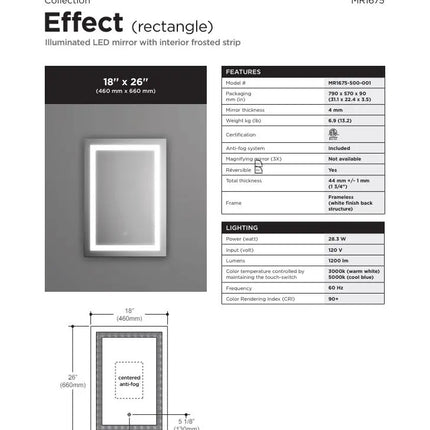 Kalia Effect 18 Inch Rectangular LED Mirror With Interior Frosted Strip - Plumbing Market