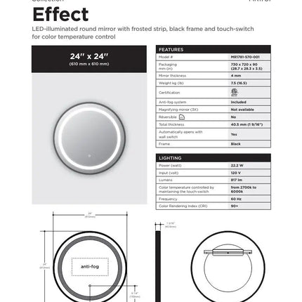 Kalia Effect 30 Inch LED Round Mirror With Frosted Strip Black Frame - Plumbing Market