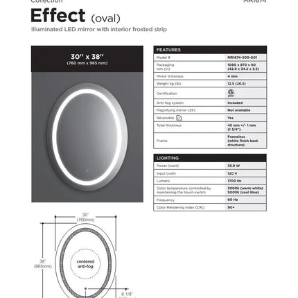 Kalia Effect 30 Inch Oval LED Mirror Interior Frosted Strip 2 Tone Switch - Plumbing Market