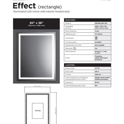 Kalia Effect Rectangular 30 Inch LED Mirror With Frosted Strip Inside - Plumbing Market