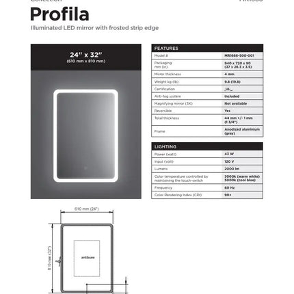 Kalia PROFILA Rectangular 24 Inch LED Mirror With Frosted Strip Edge - Plumbing Market