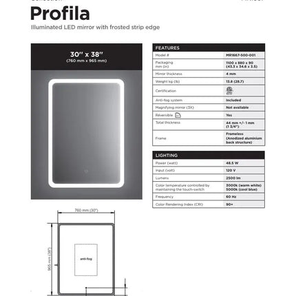 Kalia Profila 30 Inch Rectangular LED Mirror With Frosted Strip Edge - Plumbing Market