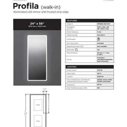 Kalia Profila Rectangular 24 Inch LED Mirror With Frosted Strip Edge - Plumbing Market