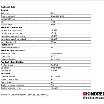 Kindred Brookmore 19.5" x 18.12" Undermount Single Bowl Stainless Steel Kitchen Sink Model BSU1820-9 Kindred