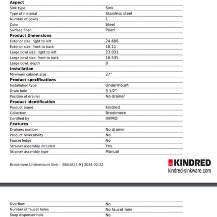 Kindred Brookmore 24.62" x 18.12" Undermount Single Bowl Stainless Steel Kitchen Sink BSU1825-9 Kindred