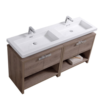 Kube Bath Levi 63″ Butternut Double Sink Modern Bathroom Vanity W/ Cubby Hole Kube Bath