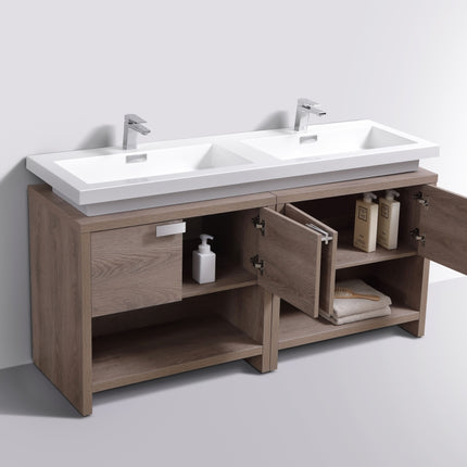 Kube Bath Levi 63″ Butternut Double Sink Modern Bathroom Vanity W/ Cubby Hole Kube Bath