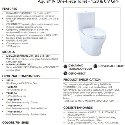 Toto Aquia IV One Piece Toilet 1.28 Gpf & 0.9 Gpf, Elongated Bowl Washlet+ Connection New Toto