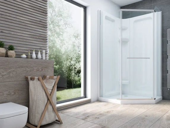 Mirolin Corner Series Shower Door Neo Angle Clear Glass Finish - Plumbing Market