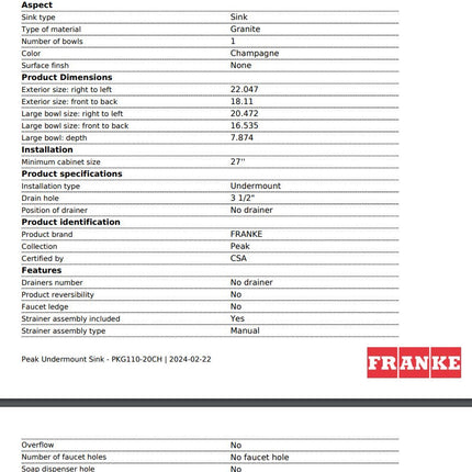 Franke Peak 22.06-in. x 18.21-in. Undermount Single Bowl Granite Kitchen Sink in Oyster Franke