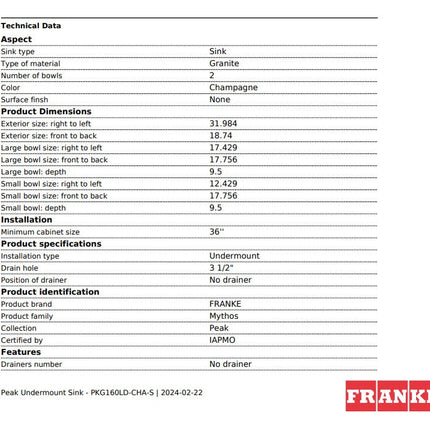 Franke 32.0-in. x 18.75-in. Undermount Double Bowl Granite Kitchen Sink with Low Divide in Stone Grey Franke