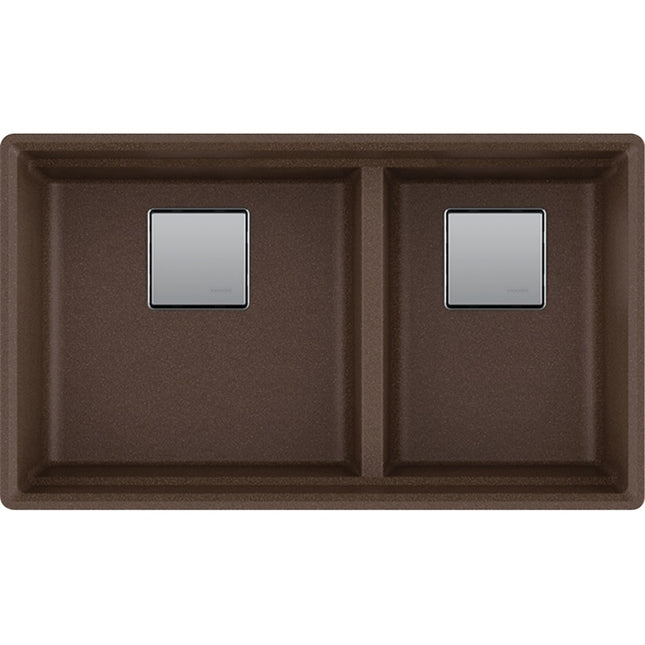 Franke 32.0-in. x 18.75-in. Undermount Double Bowl Granite Kitchen Sink with Low Divide in Mocha. Franke