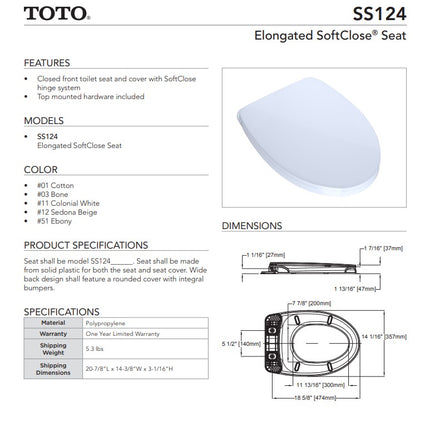 Toto Soft close elongated seat with cover - for use washlet+ toilets - SS124#01 Toto