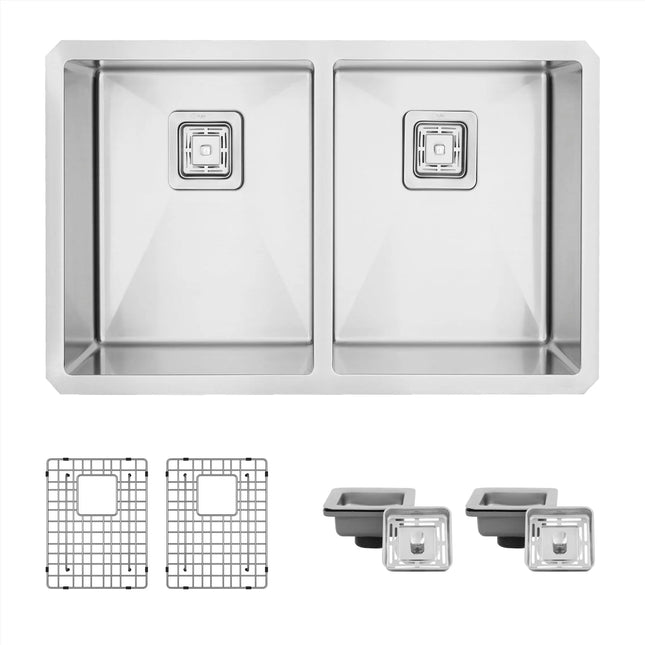 STYLISH 30 inch Double Bowl Stainless Steel Kitchen Sink with Square Strainers S-504XG - Plumbing Market