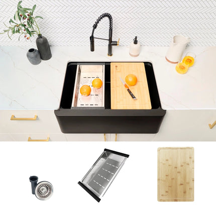 STYLISH 30 inch Farmhouse Workstation Single Bowl Black Composite Apron Kitchen Sink with Built-in Accessories S-830WN Bronte - Plumbing Market