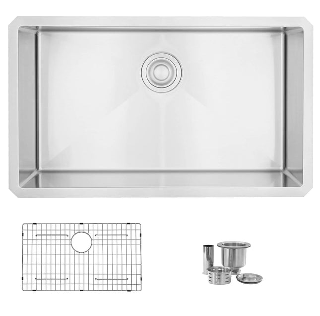 STYLISH 32 Inch Single Bowl Undermount 16G Stainless Steel Kitchen Sink with Grid and Strainer S-323XG - Plumbing Market