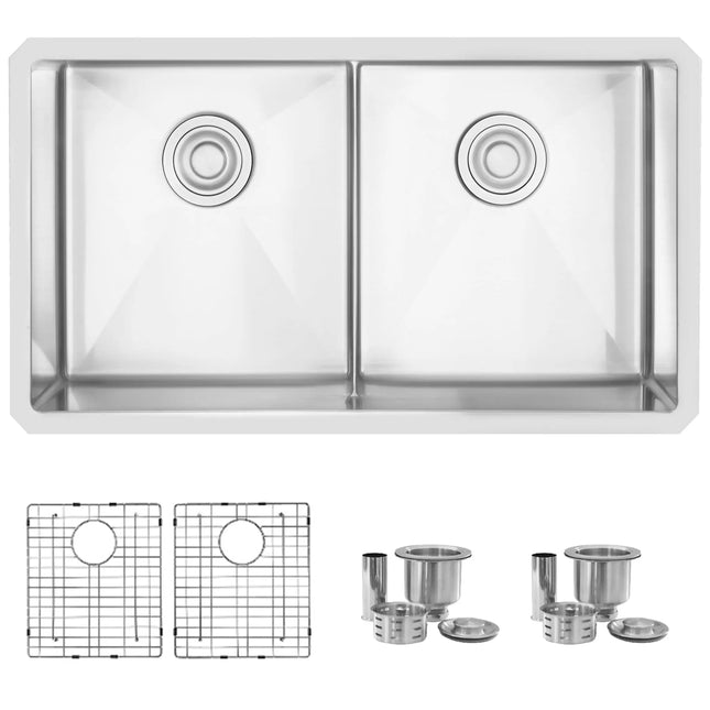 STYLISH 32 inch Slim Low Divider Double Bowl Undermount Stainless Steel Kitchen Sink S-321XG - Plumbing Market