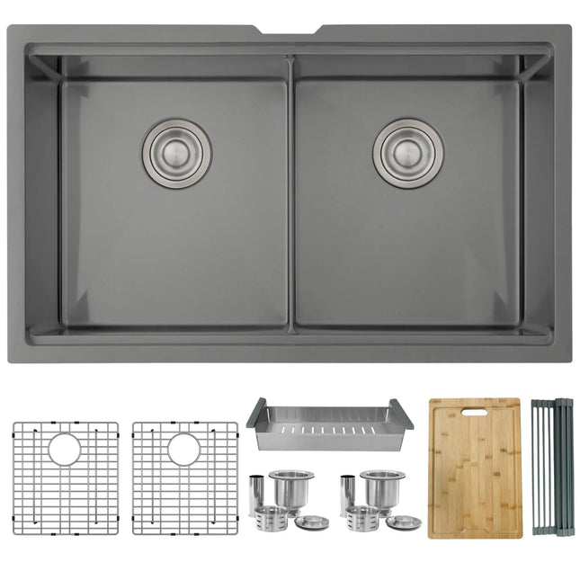 STYLISH 32 inch Workstation Double Bowl Undermount 16 Gauge Stainless Steel Kitchen Sink with Built in Accessories in Graphite Black S-601WN S-601WN - Plumbing Market