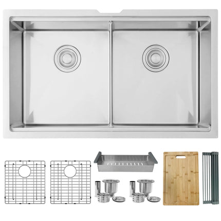 STYLISH 32 inch Workstation Double Bowl Undermount Kitchen Sink with Built in Accessories S-601W - Plumbing Market