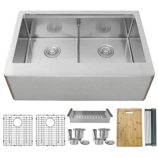 STYLISH 33 inch Farmhouse Double Bowl Stainless Steel Apron Kitchen Sink S-315W - Plumbing Market