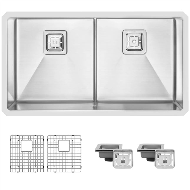 STYLISH 33 inch Slim Low Divider Double Bowl Undermount Stainless Steel Kitchen Sink S-501XG - Plumbing Market