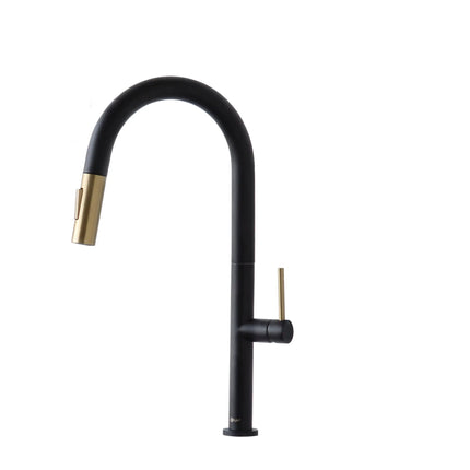 STYLISH Kitchen Sink Faucet Single Handle Pull Down Dual Mode Stainless Steel Matte Black with Brushed Gold Head and Handle Finish K-141NG - Plumbing Market