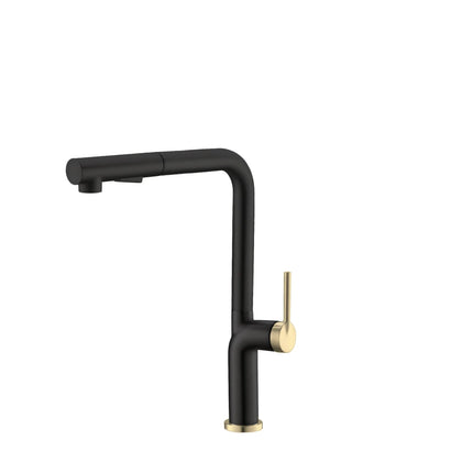 STYLISH Kitchen Sink Faucet Single Handle Pull Down Dual Mode Stainless Steel Matte Black with Gold Base and Handle Finish K-146NG - Plumbing Market