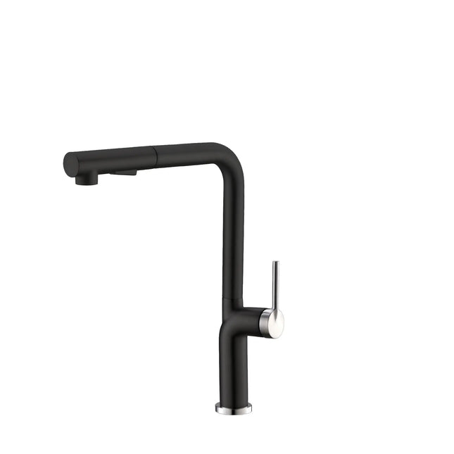 STYLISH Kitchen Sink Faucet Single Handle Pull Down Dual Mode Stainless Steel Matte Black with Silver Base and Handle Finish K-146NS - Plumbing Market