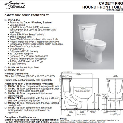 American Standard Cadet PRO Two-Piece 1.28 gpf/4.8 Lpf Standard Height Round Front Toilet Less Seat American Standard