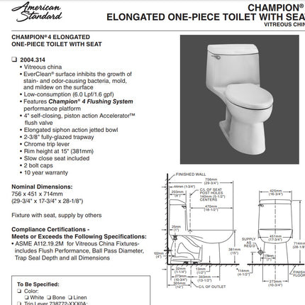 American Standard Champion 4 One-Piece 1.6 gpf/6.0 Lpf Standard Height Elongated Toilet With Seat American Standard