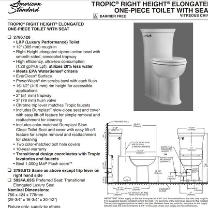 American Standard Tropic One-Piece 1.28 gpf/4.8 Lpf Chair Height Elongated Toilet With Seat American Standard