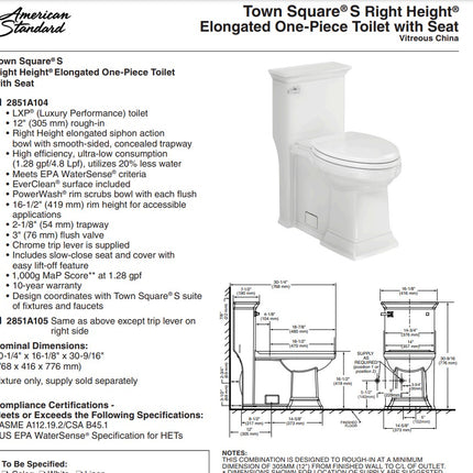 American Standard Town Square S One-Piece 1.28 gpf/4.8 Lpf Chair Height Elongated Toilet With Seat American Standard