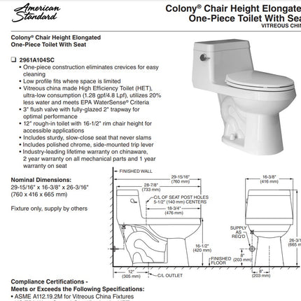 American Standard Colony One-Piece 1.28 gpf/4.8 Lpf Chair Height Elongated Toilet With Seat American Standard