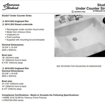 American Standard Studio Under Counter Bathroom Sink American Standard