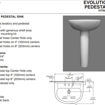 American Standard 24 Inch Evolution Center Hole Only Pedestal Sink Top American Standard