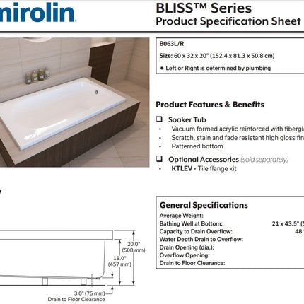 Mirolin Bliss 60 x 32 Drop-in Bathtub Mirolin