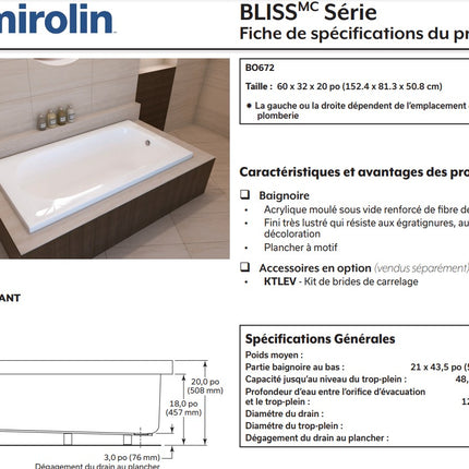 Mirolin Bliss 60 x 32 Drop-in Bathtub Mirolin