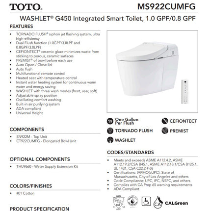 Toto Washlet G450 Integrated Smart Toilet - 1.0 GPF & 0.8 GPF Toto