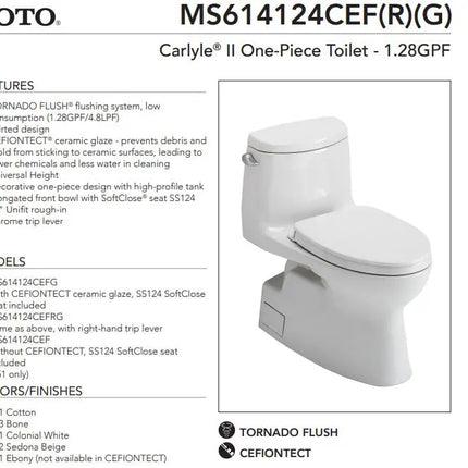 Toto Carlyle II 1.28gpf Elongated Bowl ADA Skirted Toilet Less Seat - CST614CEFGAT40#01 - Plumbing Market