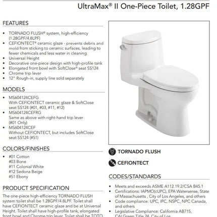 Toto Ultramax II 1.28GPF Elongated ADA Toilet With Seat-MS604124CEFG#01 - Plumbing Market