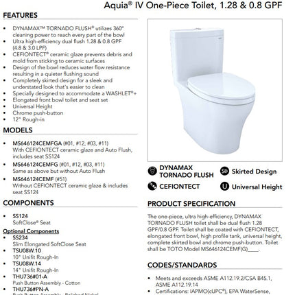 Toto Aquia IV One-Piece Toilet - 1.28 Gpf and 0.8 Gpf, Elongated Bowl Less Seat Toto