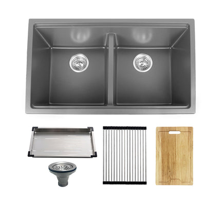 Kodaen 32" Workstation Under Mount 50/50 Double Bowl Kitchen Sink with Strainer Kodaen