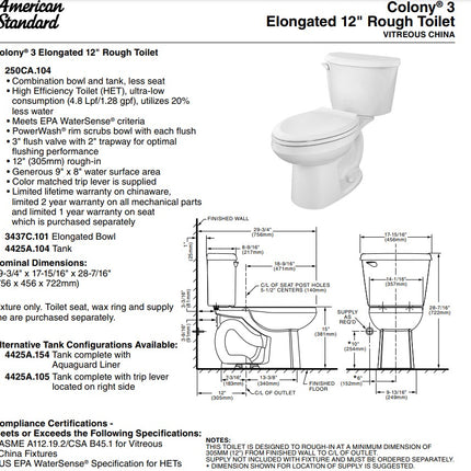 American Standard Colony 3 Two-Piece 1.28 gpf/4.8 Lpf Standard Height Elongated Toilet Less Seat American Standard