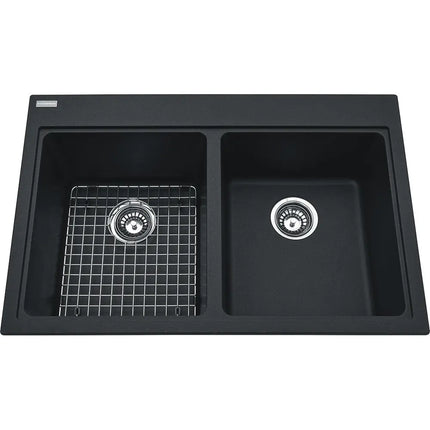 Kindred Mythos 33" x 22" Double Bowl Drop-in Granite Sink With Bottom Grid and Waste Fitting Onyx KGDL2233-9ON Kindred