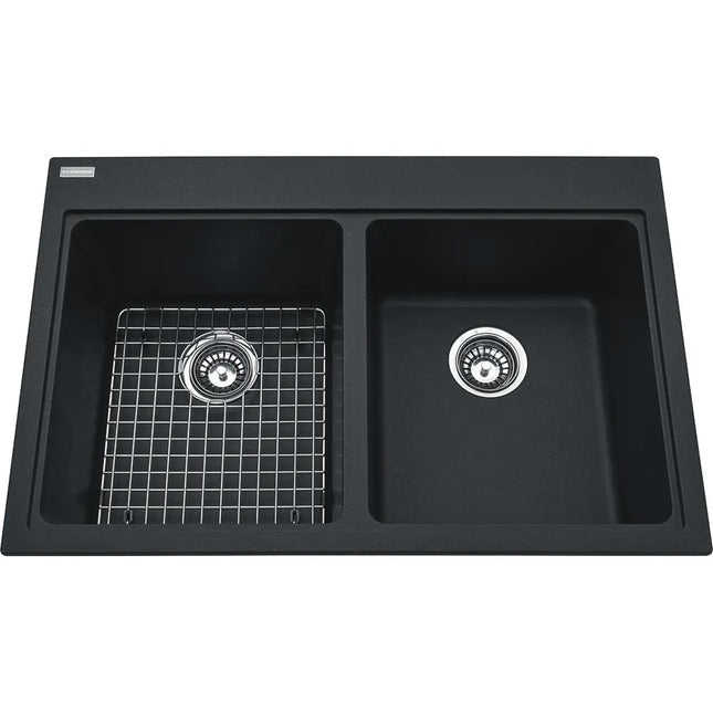 Kindred Mythos 33" x 22" Double Bowl Drop-in Granite Sink With Bottom Grid and Waste Fitting Onyx KGDL2233-9ON Kindred