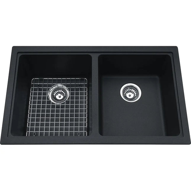 Kindred Mythos 33" x 19" Double Bowl Undermount Kitchen Sink With Bottom Grid and Waste Fittings Granite Onyx KGD2U-9ON Kindred