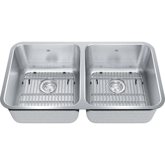 Kindred 32" x 18" Double Bowl Undermount 18 Gauge Sink With Bottom Grid and Waste Fittings Stainless Steel KSD1UA-9D Kindred